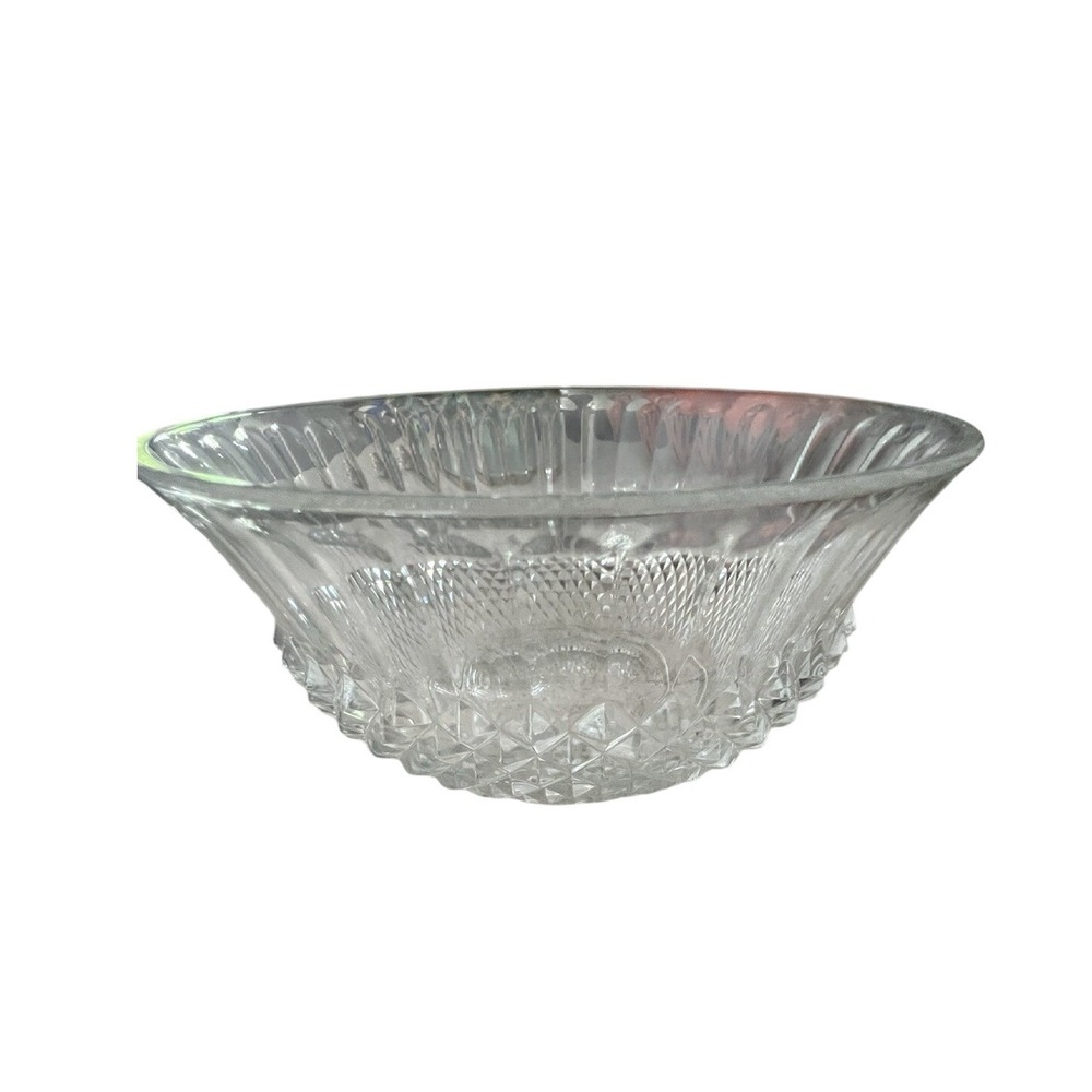 Vintage Clear Glass Diamond Cut Ribbed Serving Bowl Round Centerpiece 8.5 Inch